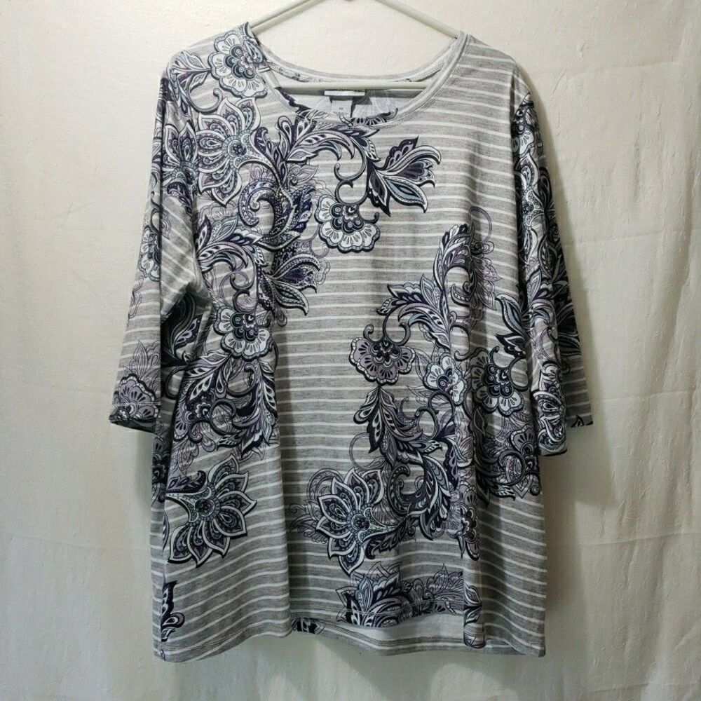 Catherines 0X Blue Gray Striped Floral Paisley Knit Top 3/4 Sleeve Scoop Neck